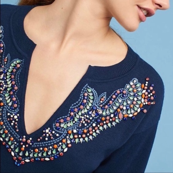 Anthropologie Moth Embellished Jewel Sweater Blue petite small - Picture 4 of 12